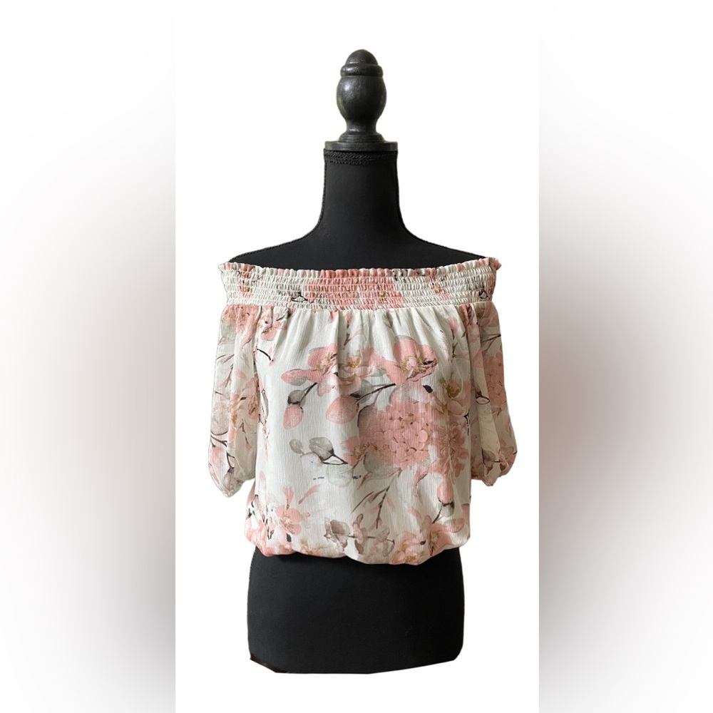 Racheal Zoe: Cream and Pink Floral Peasant Off Shoulder Crop Top